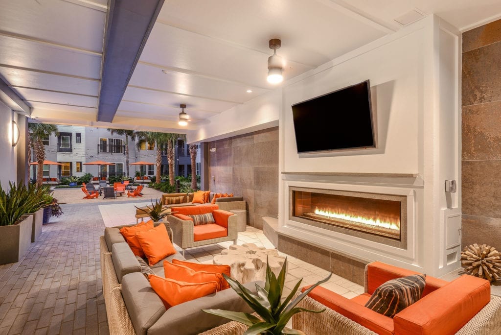 beautiful outdoor lounge with fireplace